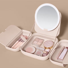 Portable Travel Makeup Mirror with Bag and LED Lights, 5-Level Brightness, 3-Color Lights (Pink/Pale Mauve)