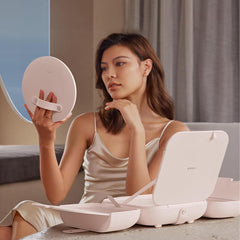 Portable Travel Makeup Mirror with Bag and LED Lights, 5-Level Brightness, 3-Color Lights (Pink/Pale Mauve)